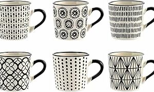 H&H Vhera Set 6 Tazzine Caffè in Stoneware (85 ml) – Eleganti Tazzine Bianco/Nero con Decorazioni Geometriche e Floreali –... - Image 1