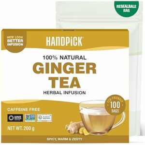 HANDPICK, Tè allo Zenzero - 100 Filtri Rotondi Ecosostenibili - Tisane Senza Caffeina e Non OGM - Con Radice di Zenzero Pura - Gusto Speziato e Delicato - Sigillato Sottovuoto per Freschezza - Image 1