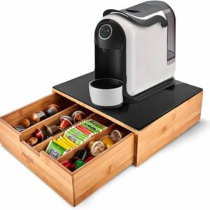 Avilia Porta Cialde in Bambù con Cassetto e Ripiano in Vetro – Organizer per Cialde, Capsule e Tisane – Porta Capsule Caffè, - Image 1