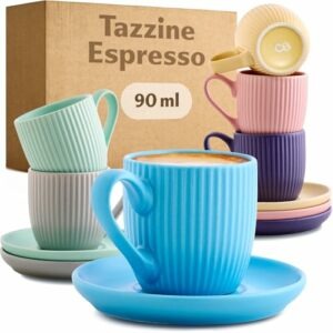 Cosumy Tazzine Caffe Espresso Moderne con Piattino - 6 Tazze 90ml con Manico - Unico disegno a righe - Ceramica Colorate O... - Image 3