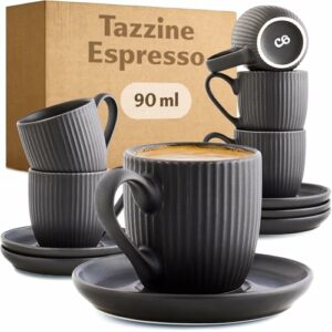 Cosumy Tazzine Caffe Espresso Moderne con Piattino - 6 Tazze 90ml con Manico - Unico disegno a righe - Ceramica Nero Opaca... - Image 3